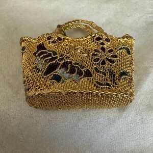 Gold Floral Mesh Evening Bag Necklace Pendant - Women